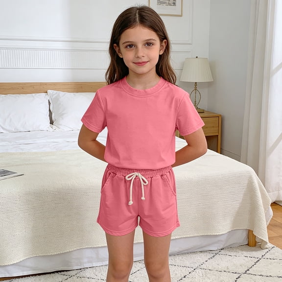 Eltusu Girls Cotton Outfit Sets, Crewneck Comfort 2PC Short Sleeve Summer Clothes Sets Pink Size 6 T