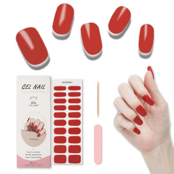 Foyute Semi Cured Gel Nail Strips, 20 Pcs Soft Self-Adhesive Gel Nail Polish Wraps Sticker for Salon-Quality Manicure Set,Long Lasting,Easy to Apply & Remove, Nail File & Wooden Stick (Red B)