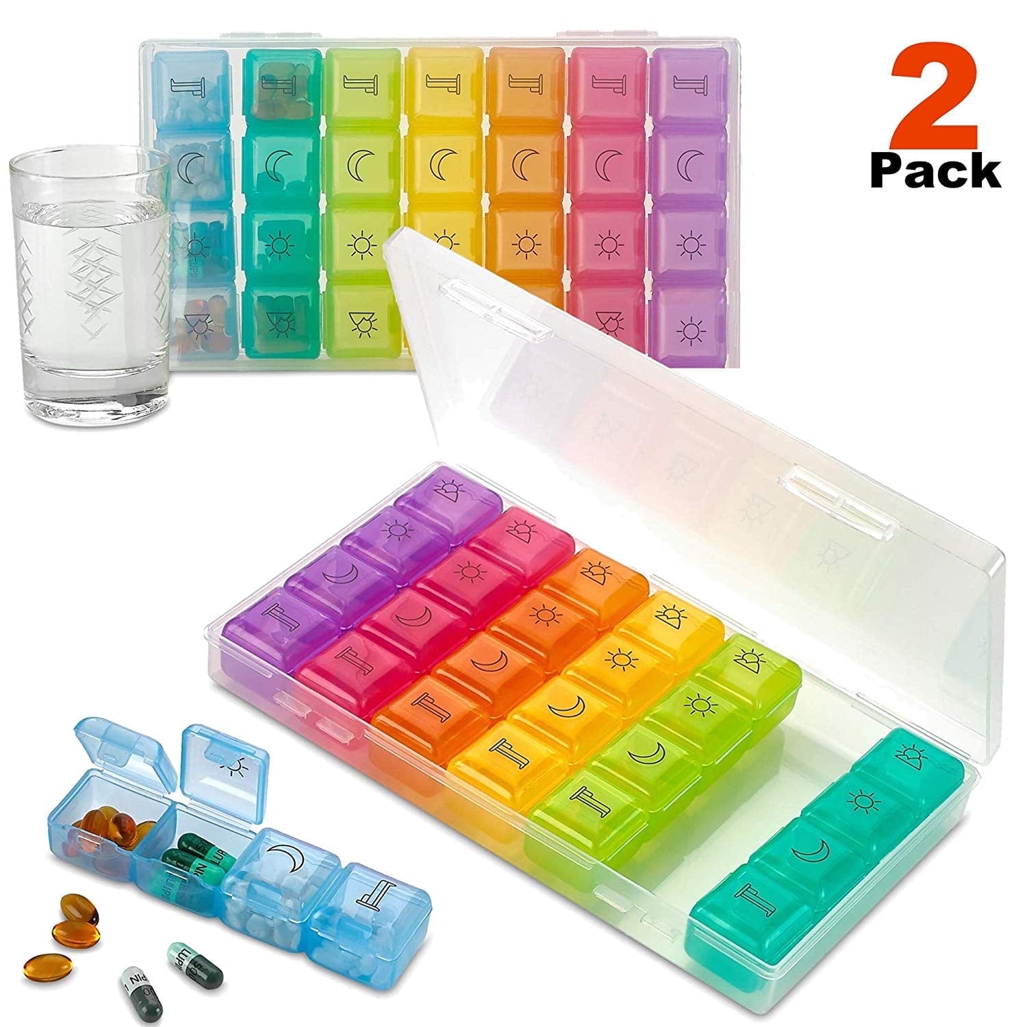 Weekly Pill Organizer - Pack of 2-4 Compartment Am/Pm Pill Box, 7 Day Large Travel Medication Dispenser Case for Vitamins, Supplements and Medicine