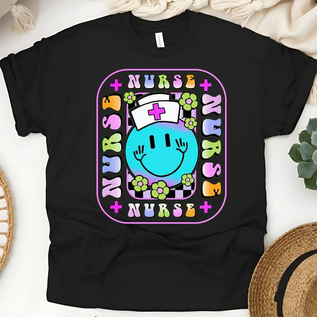 Colorful Retro Nurse T-Shirt with Smiley Face Graphic, Black, Size 2XL