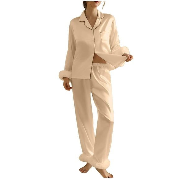 Dvprdro Pajamas for Women Set Fall Winter Fashion Women's 2-Piece Imitation Silk Feathers Loungewear Long Sleeve Top & Pants Sleepwear Outfit