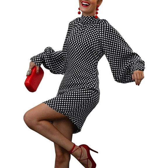 ZANZEA Women Party Turtleneck Puff Long Sleeves Polka Dot Print Dress