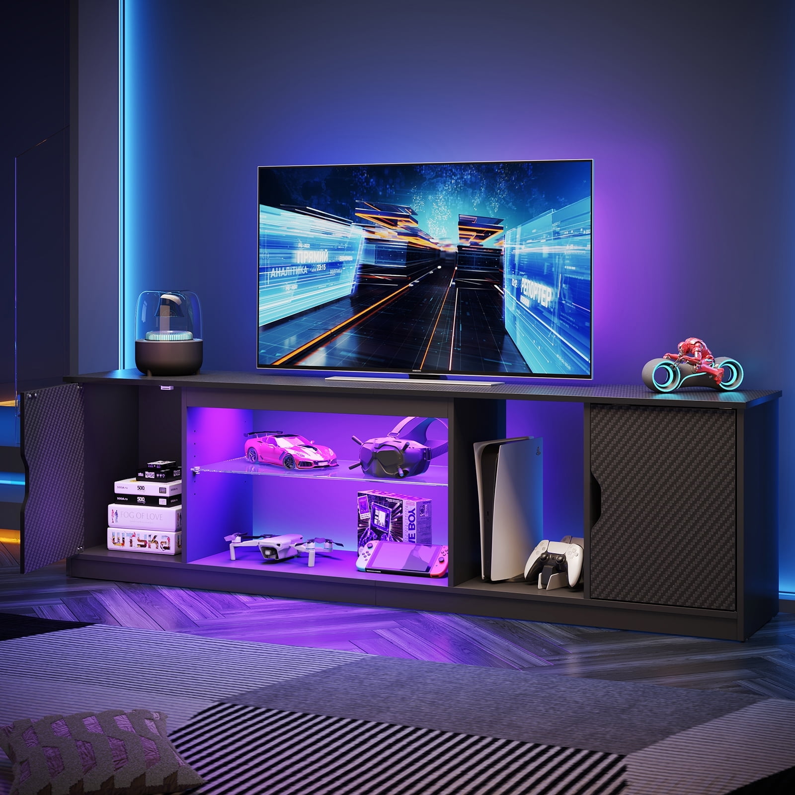 Bestier LED TV Stand for 75 in TVs, Gaming Entertainment Center with Storage for PS5, Adjustable Glass Shelf TV stand for Living Room, Black