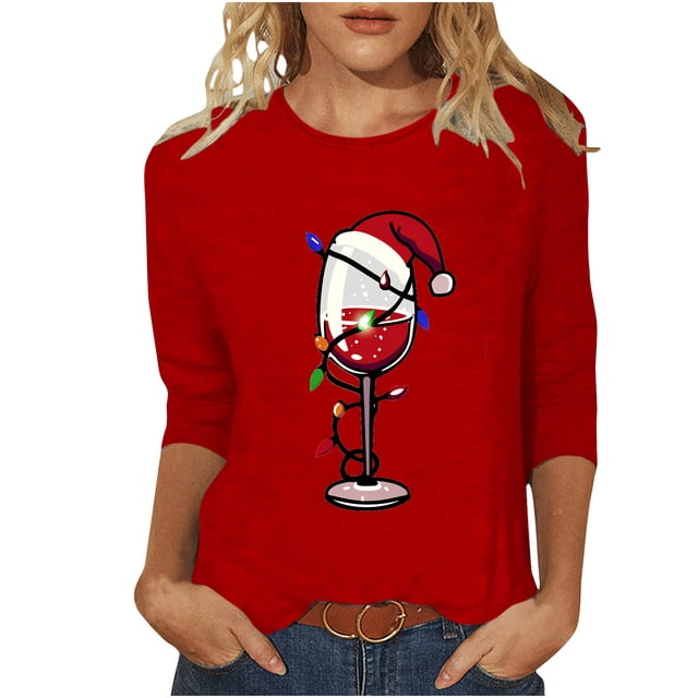 Pisexur T-Shirts de Noël pour Femmes Décontractés pour les Fêtes, Blouses Imprimées Verre de Vin Rouge, Col Rond, Manches 3/4, Chandails Mode d'Automne