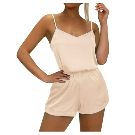 

YWDJ Plus Size Pajamas for Women Women Sexy-Lingerie Sleepwear Satin Silk Babydoll Lace Up Nightwear Pajamas Set Khaki L