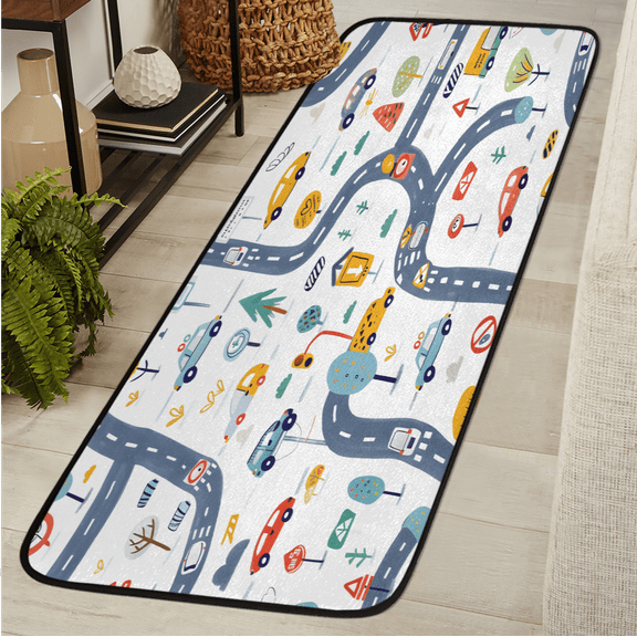 CURLYOOT Cute Cartoon Cars Runner Rug 2'x6' Washable Kitchen Runner Rug Indoor Non Slip Laundry Rugs Floor Carpet for Hallway Kitchen Entryway Bedroom Living Room