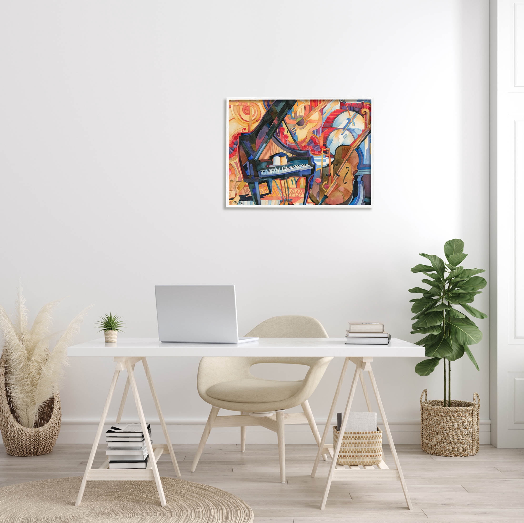 Stupell Industries Big City Music Piano Cubism Painting White Framed Art Print Wall Art, Design by Paul Brent