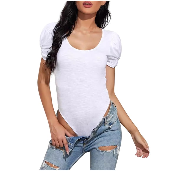 Top de Manga Corta de Verano para las Mujeres Cuello Redondo Manga Corta Plisado Cuerpo Sólido, Blusa Sexy de Poliéster, Lavado a Mano Casual