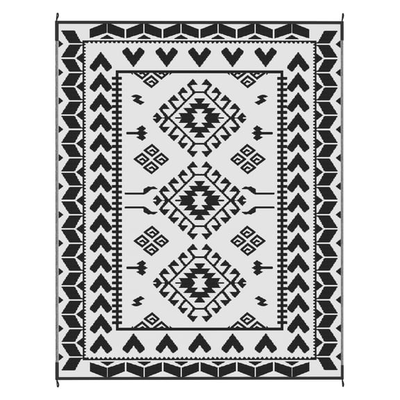 Outdoor Rug 8x10 Reversible, Waterproof Plastic Straw Rug with Carry Bag, Black & White Rhombus, Portable Camping Picnic Rug
