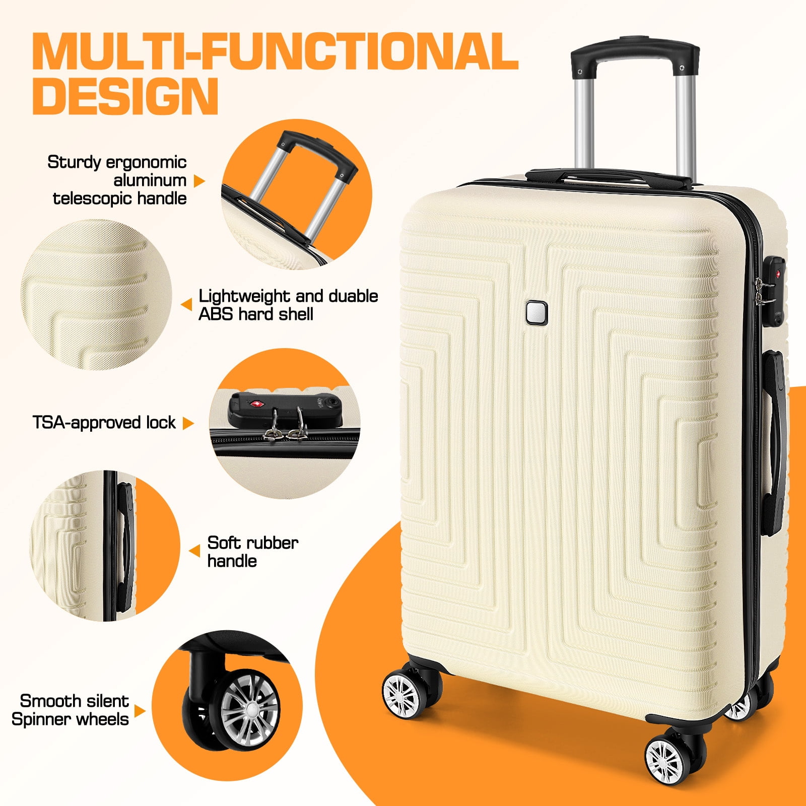 SANOPY 5 Piece Luggage Set(20/24/28) , Hardside Lightweight ABS+PC Suitcase Set with Expandable Duffel Bag + Toiletry Bag, Spinner Wheels and TSA Lock, Beige