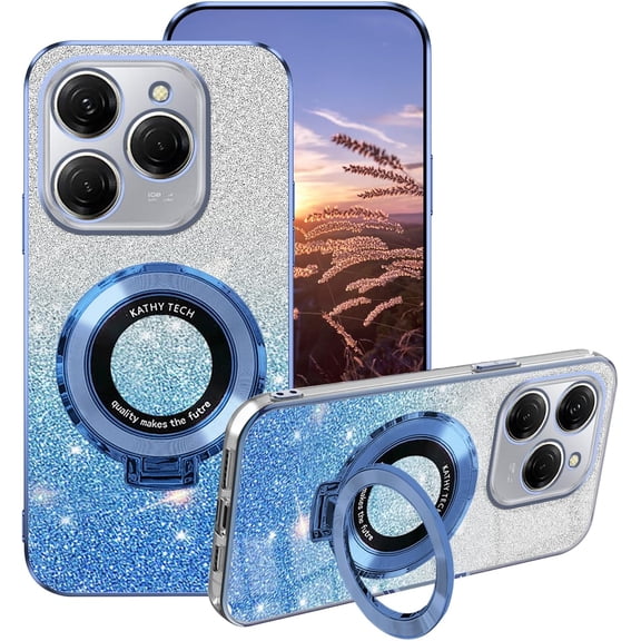 Compatible with Tecno Spark 20 Pro Case Silicone with Ring Holder, for Tecno Spark 20 Pro Phone Case Glitter Transparent Double Layer Detachable Soft TPU Shockproof Protective Slim Cover (Blue)