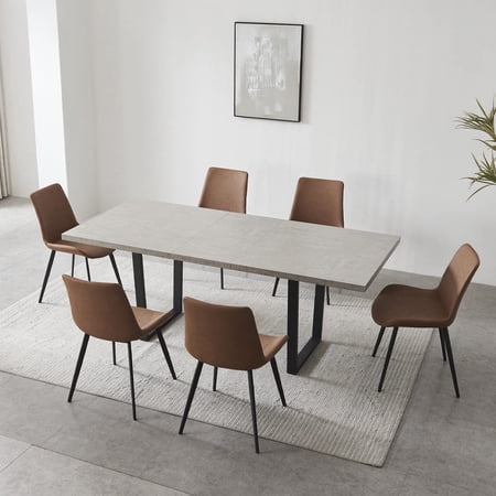 jiexi Modern Mid-Century Dining Table Set for 6-8 People Kitchen Dining Room Table Set Extendable Solid Wood Dining Table and 6 Upholstered Chairs