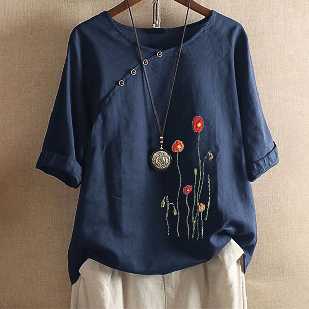 Puntoco Mujer Verano Casual Cuello Redondo Manga Corta Estampado De Flores Camisa Suelta Tops Puntoco Puntoco-852