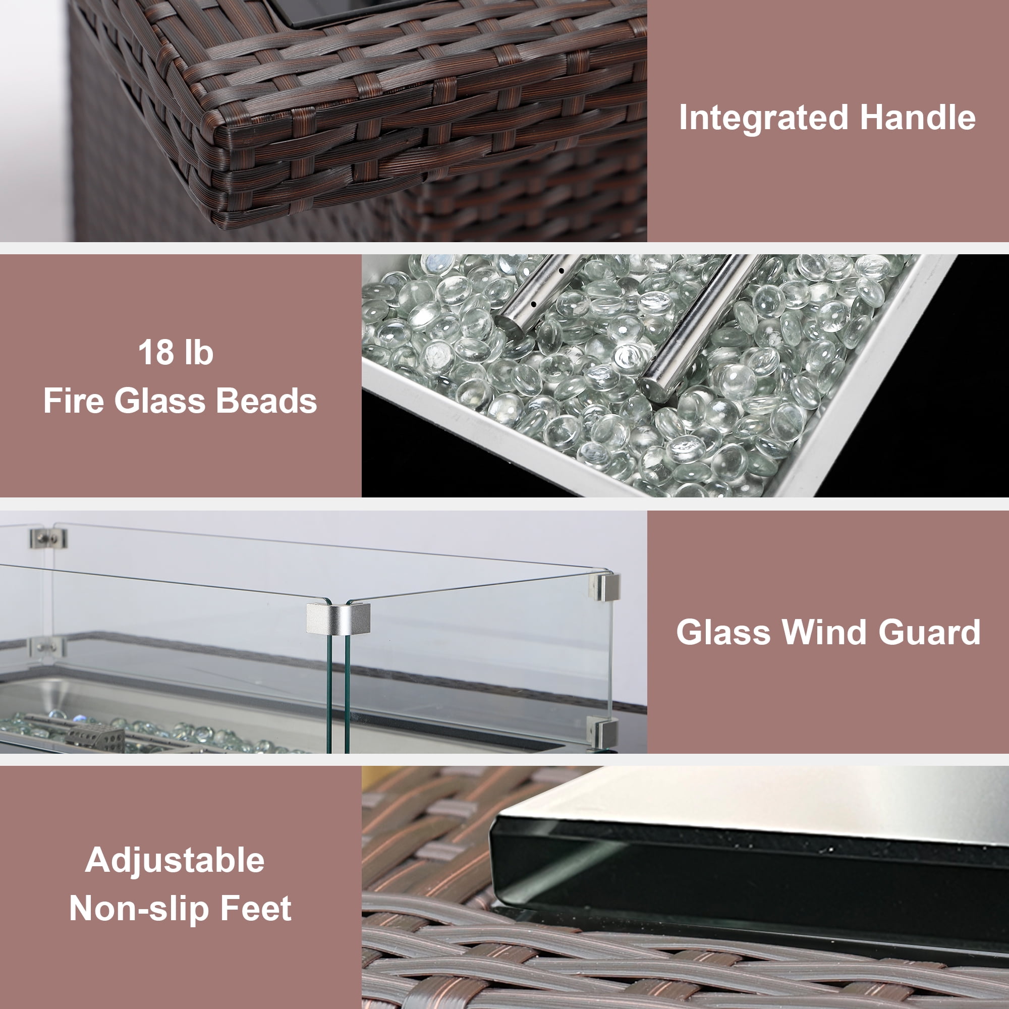 RADIATA 43" Wicker Propane Fire Pit Table, 60000 BTU Outdoor Rectangle Gas Firepit with Wind Guard, Glass Rocks & Cover, CSA Certified Patio Fire Table for Backyard Deck Garden, Brown
