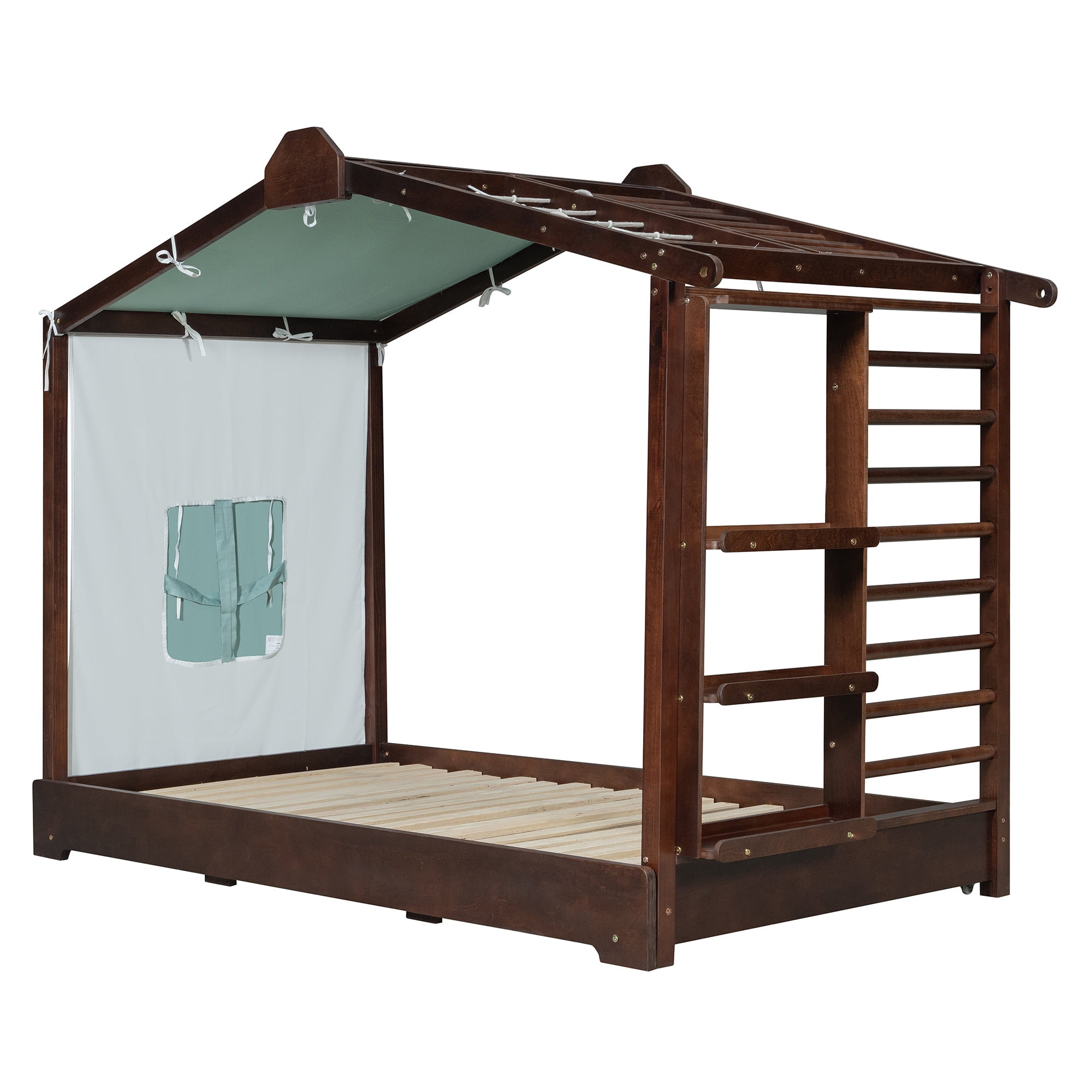 Twin Size House Bed with Twin Size Trundle and Side Shelves, Espresso