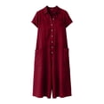 thumbnail image 5 of Vhkiploz A-Line Linen Jumpsuit For Women's One Piece Button Wide Leg Maxi Summer Sweatsuits Beach Vacation Travel Athletic Outfit Sets V-Neck Short Sleeve Solid Outwear Beach Rompers With Pockets, 5 of 7