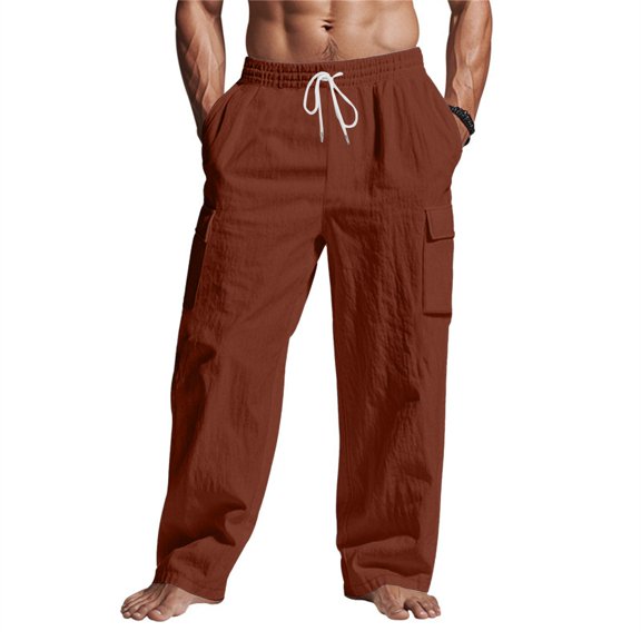 GrmtClth Mens Linen Pants Casual Elastic Waist Drawstring Cargo Pants Loose Lightweight Yoga Beach Pants 2026 Summer Cotton Relaxed Fit Cotton Linen Pants with Multiple Pockets Brown M