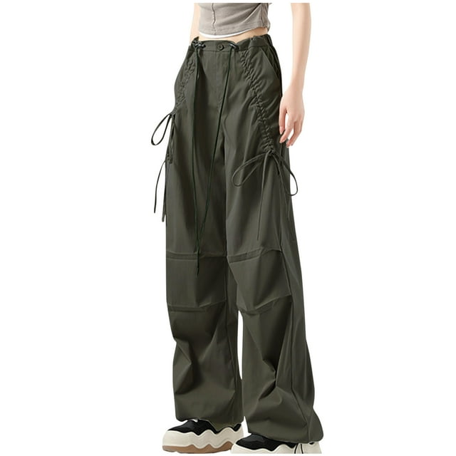 Virmaxy Women's Solid Color Cargo Pants Comfortable Wide Leg Utility Pants with Pockets Durable Straight Leg Trousers for Work and Weekend Army Green-1 M