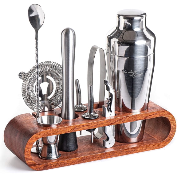 Mixology Bartender Kit: 10-Piece Bar Tool Set with Mahogany Stand, Silver