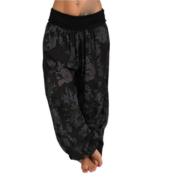 Telankuip Women's Floral Printed Wide Leg Pleated Harem Pants Casual High Waisted Loose Stretchy Yoga Pants Plus Size Fashion Hippie Tie Dye Baggy Soft Comfy Trousers Black XL
