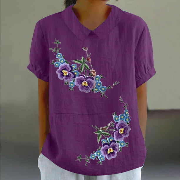 Fiudx Ofertas Flash Artículos En Oferta Camiseta Holgada Informal con Estampado para Mujer, Tops de Manga Corta con Cuello de Muñeca, Blusa Bonita y de Lino