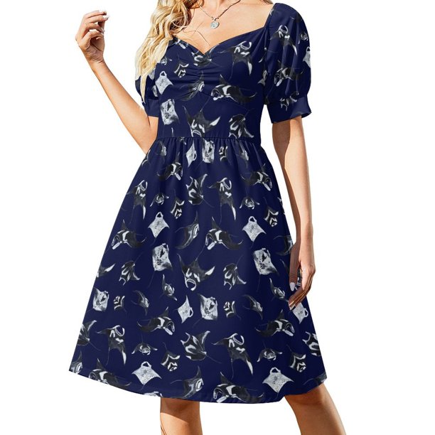 MANTARAY PATTERN (AZUL NAVY) Vestido de manga corta Ropa vestidos de cumpleaños para mujer