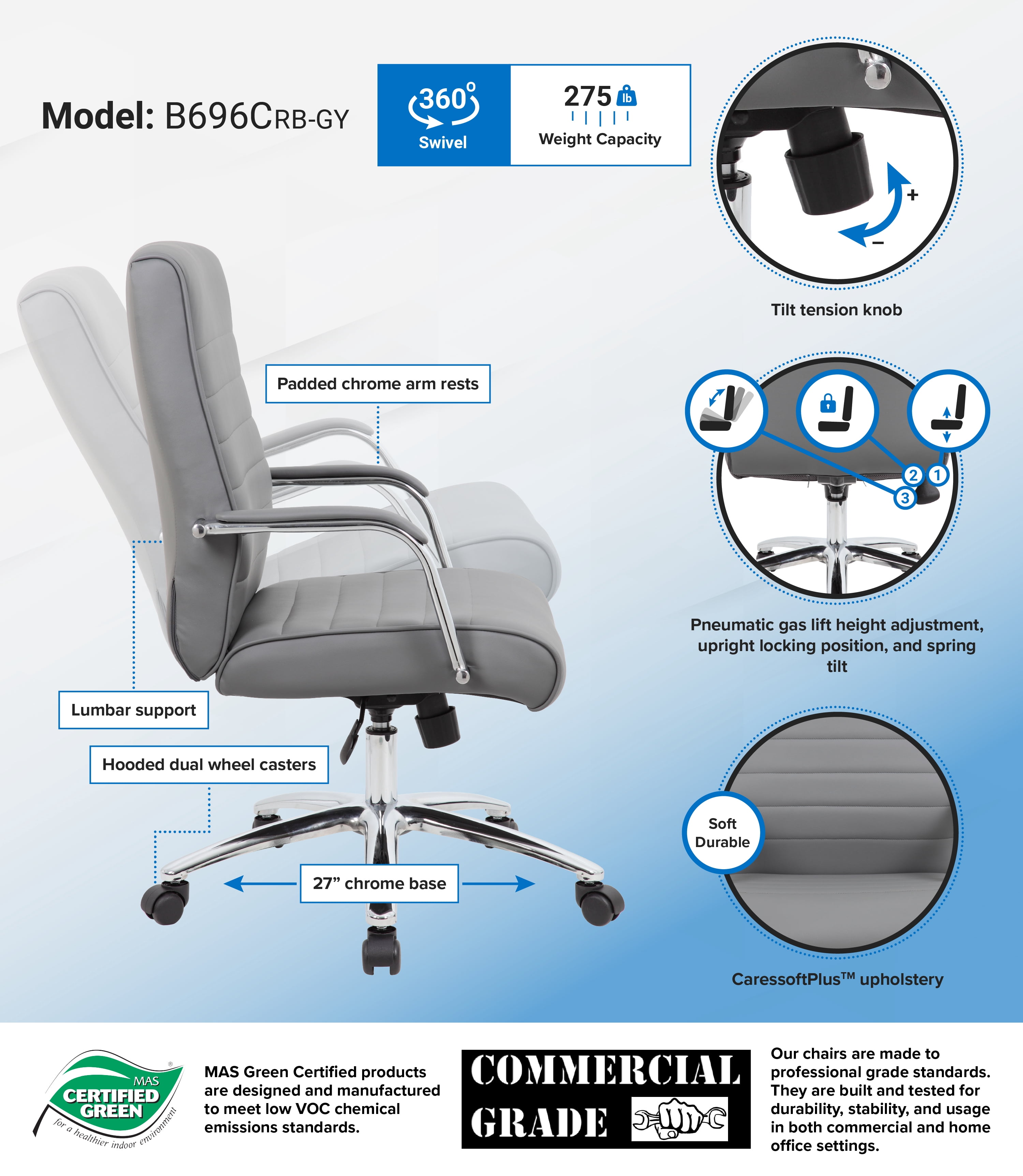Boss Office Products Modern Adjustable Desk Chair in CaresoftPlus, Multiple Colors
