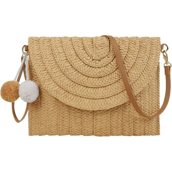 Kukuzhu Women Straw Crossbody Handbag Woven Shoulder Bag Summer Beach Envelope Clutch Purse with Pom Poms