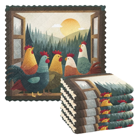 6 Pieces of Kitchen Towels 11x11Inch Kitchen Dish Cloths Kitchen Dish Towels Reuseable Cleaning Cloths Cozy Chicken Window