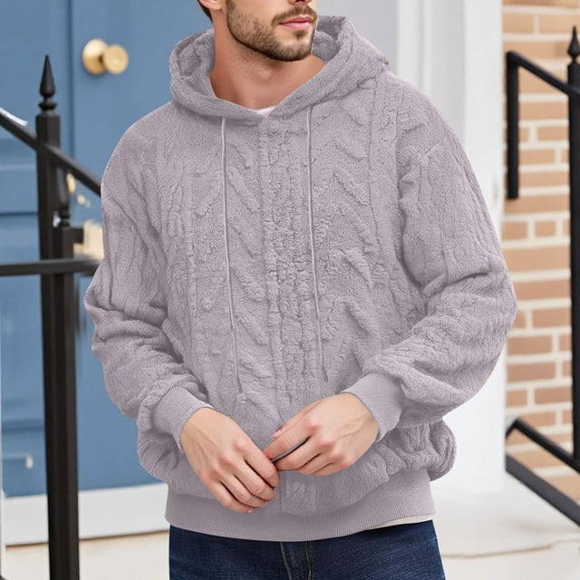 Timegard Hoodies for Men Fuzzy Fleece Sweatshirts Fall Winter Warm Texture Drop Shoulder Pullover Tops