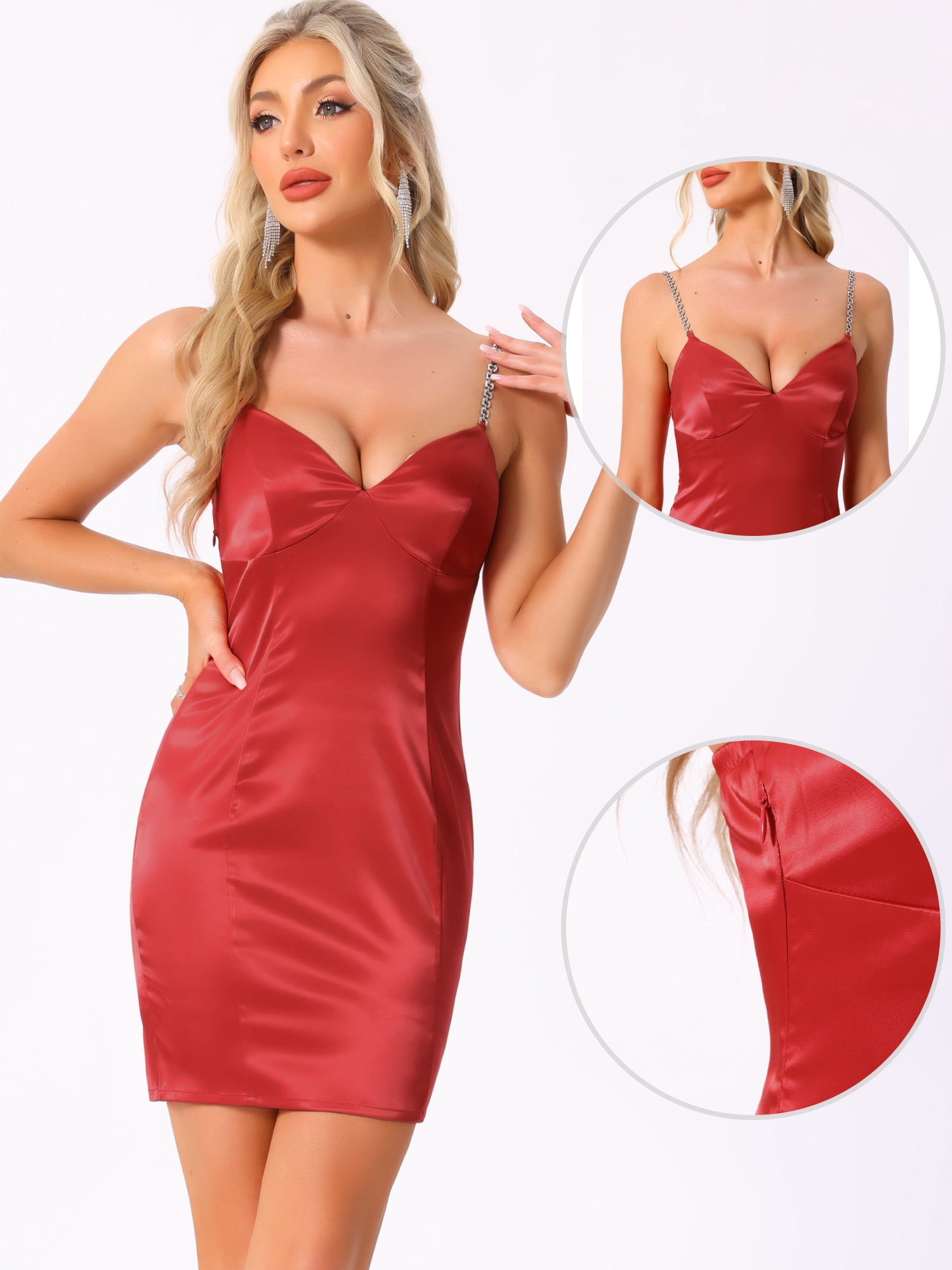 DARING DIVA V Neck Chain Spaghetti Strap Sleeveless Short Dress L Red