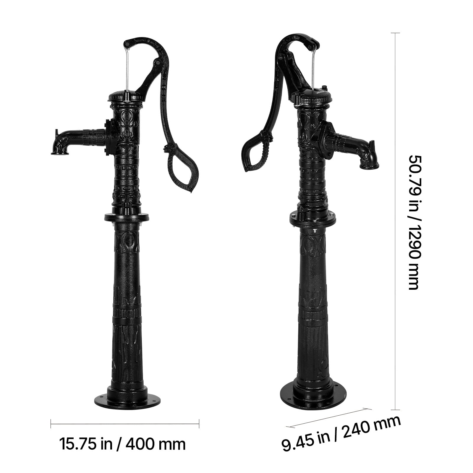 VEVOR Well Hand Pitcher Pump, 20 ft Max Lift, Antique Cast Iron Manual Hand Water Pump with Heightening Base, NPT 1-1/4 in Connection, Easy Installation, for Outdoor Garden, Pond, Yard, Farm, Black