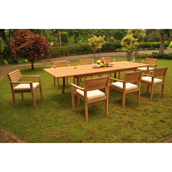 Teak Dining Set: 8 Seater 7 Pc: Large 117" Rectangle Table & 8 Montana Stacking Captain/Arm Chairs Outdoor Patio Grade-A Teak Wood WholesaleTeak #WMDSMTz