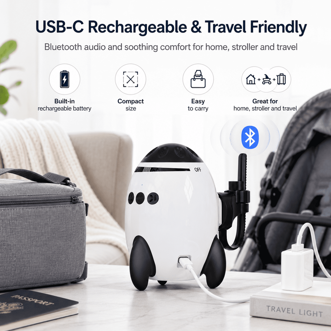 JDMEOPD Baby Stroller Rocker, Black Clip-On Vibrating Soother with Bluetooth Speaker and 11 Sounds for Stroller and Pram