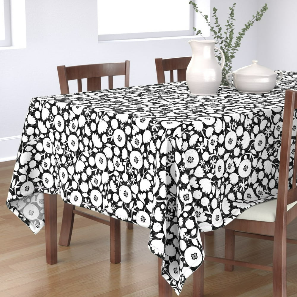 Tablecloth Black And White Floral Mod Flower Flowers Folk Cotton Sateen
