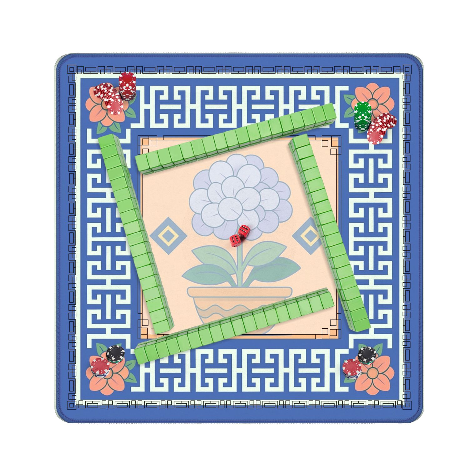 Mahjong Mat 31.5" x 31.5" Floral Pot Blue Hydrangea Geometric Border Anti-Slip and Noise Reduction Symmetry Design Mahjong Tiles Table Cover for Dominoes Poker Card Board and Tile Games