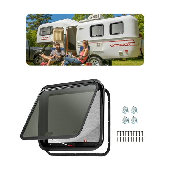KFFKFF Camper Exit Window, Dimensions 30" W x 22" H, Tinted with Net Screen and Trim Ring, Suitable for Wall Thickness of 1 1/4" - 1 13/16", Replacement Window, DOT Certified