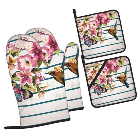 

Haiem Bird and Floral Print Extra Long Oven Mitts and Pot Holders 4pc Sets: Heat Resistant Silicone Oven Mittens with Mini Oven Gloves and Hot Pads Potholders