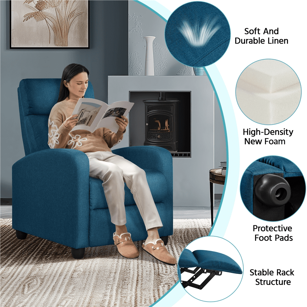 Renwick Fabric Push Back Theater Recliner Chair with Footrest, Blue