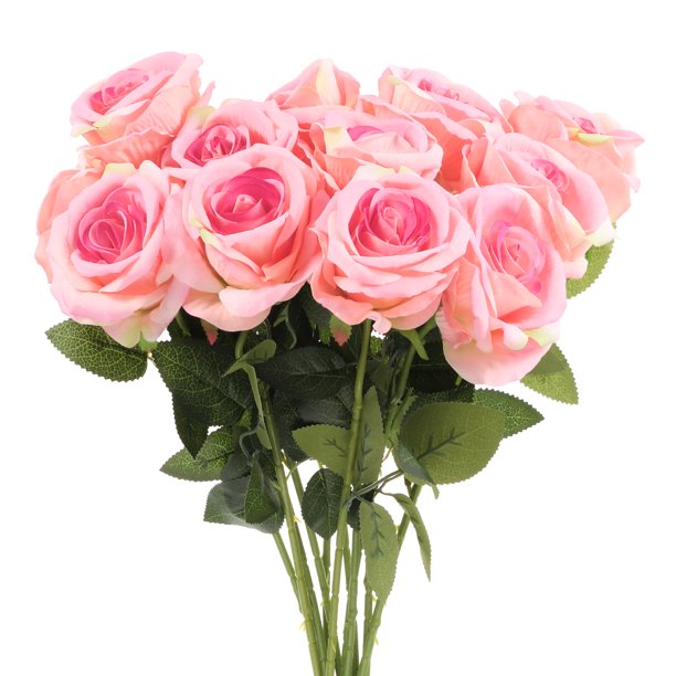 Uxcell 12 Piezas Rosas de Núcleo Rosa Artificiales, Rosas de Terciopelo de Toque Real con Tallos