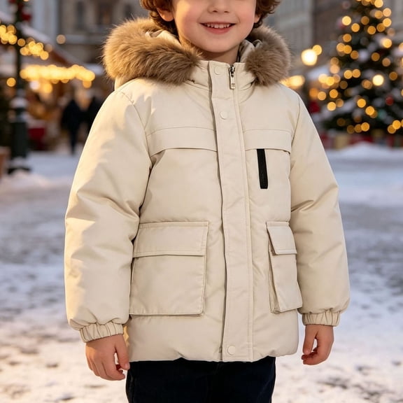 Spazoro Boys Hooded Winter Parka with Multi‑Pockets, Windproof Regular Fit Long Sleeve Snap Closure Faux Fur Trim Warm Insulated Outerwear Coats for Kids Beige Size 7-8