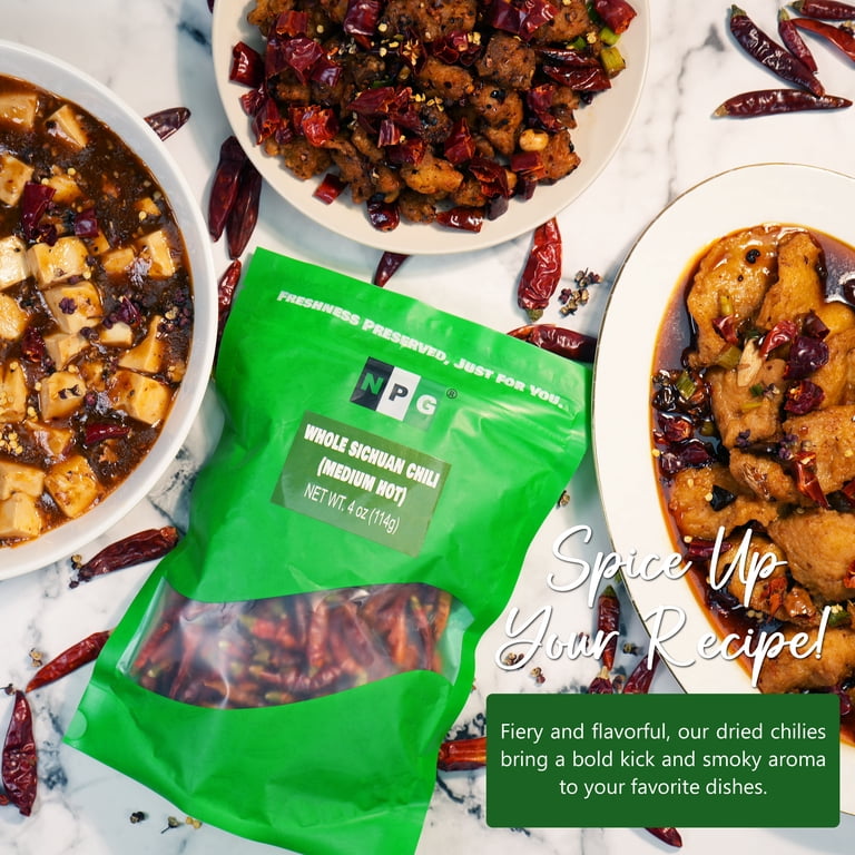 NPG, Dried Sichuan Red Chili Peppers, 4 Ounces, Medium Hot