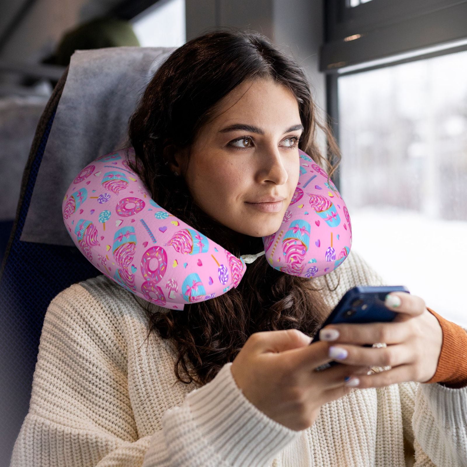 Xecao Donuts Print Memory Foam Cervical Neck Pillow Versatile U-Shaped Pillows for Home,Office,Camping,Travelling,Soft Washable Cover