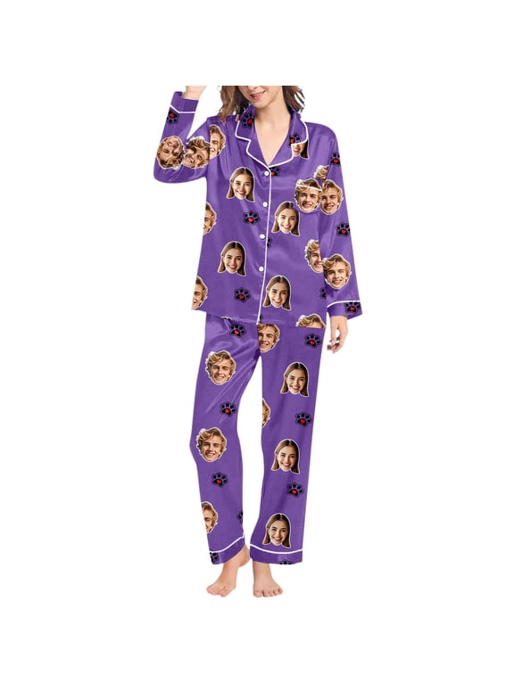 HXWCHs Photo Face Custom Pajama Set Long Sleeve Loungewear for Women Comfortable Sleepwear M Purple