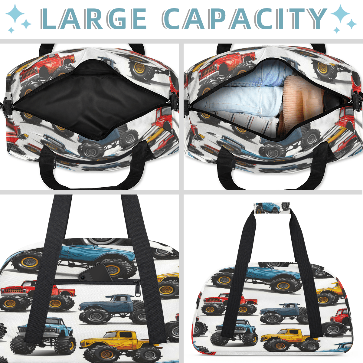 Herdesigns Sports Duffle Bags Travel Duffle Bag Gym Bag Monster Funny Truck Weekender Travel Bag Waterproof Overnight Bag Carry On Travel Tote Bag Dance Bags