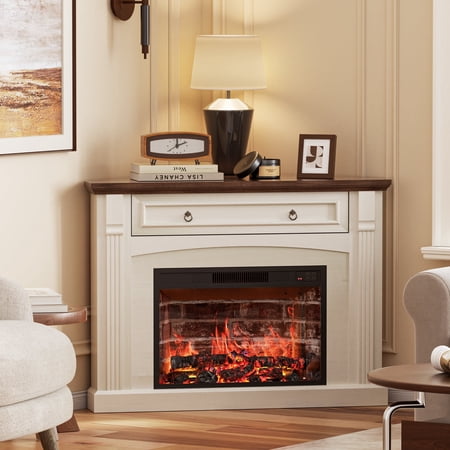 HARIPUL Corner TV Stand with Electric Fireplace, Remote Control, Adjustable Brightness and Realistic Flame, White