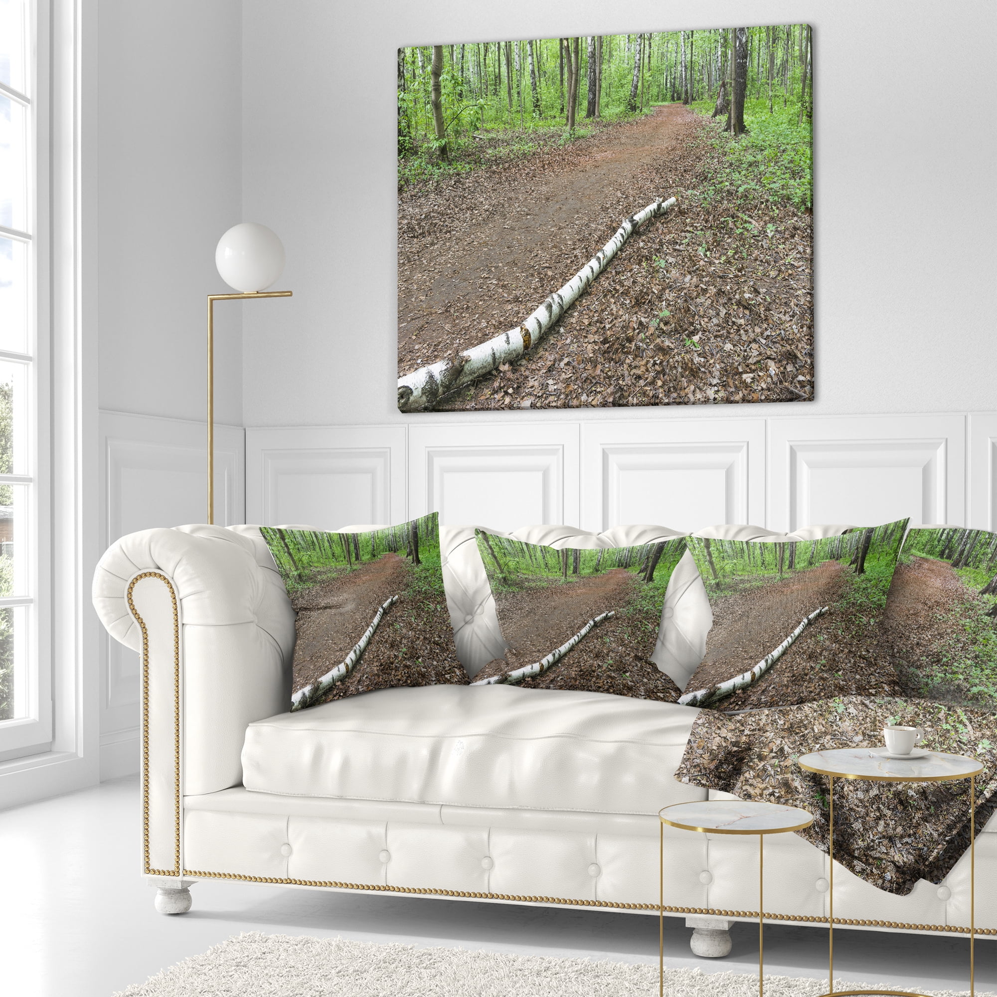 Designart Trunk of Birch on the Track - Contemporary Landscape Printed Throw Pillow - 18x18