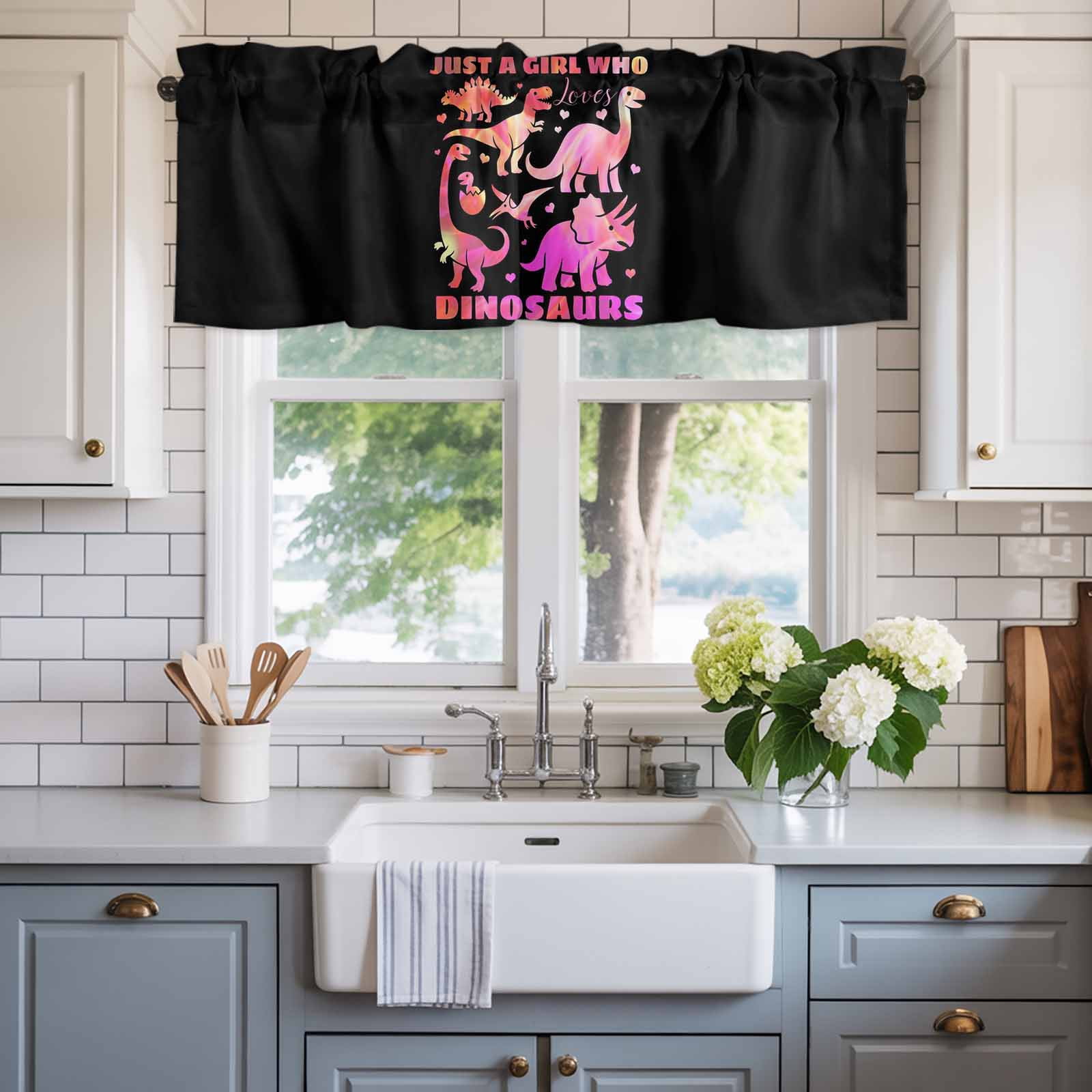 Pink Dinosaur Farmhouse Short Window Curtain Valances, JUST A Boy Who Loves Dinosaur Jungle Animals Rod Pocket Kitchen Valances for Living Room Bedroom Bathroom Cafe 42" x 18"