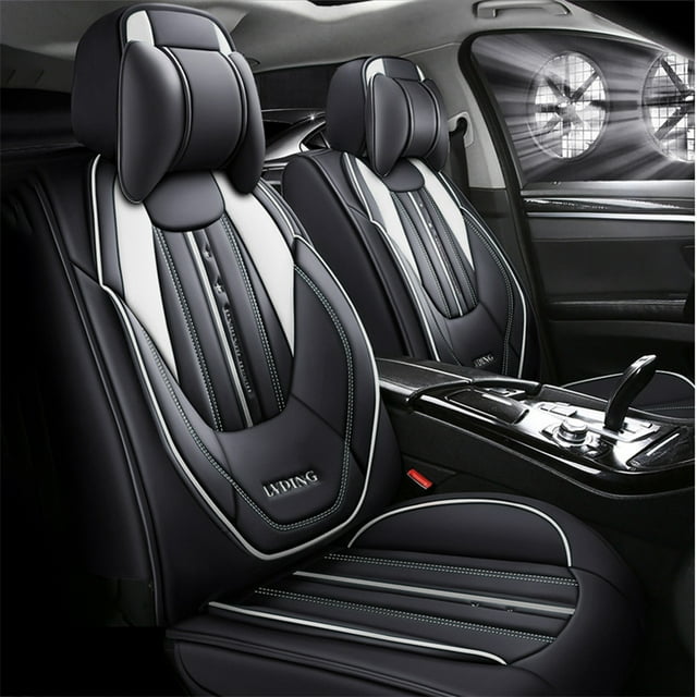 Maidao Car Seat Covers Full Set Leather for Volvo for S90 2016-Present 5 Seats Water Resistant Front Rear Cushion Protector with Pillow Black and White