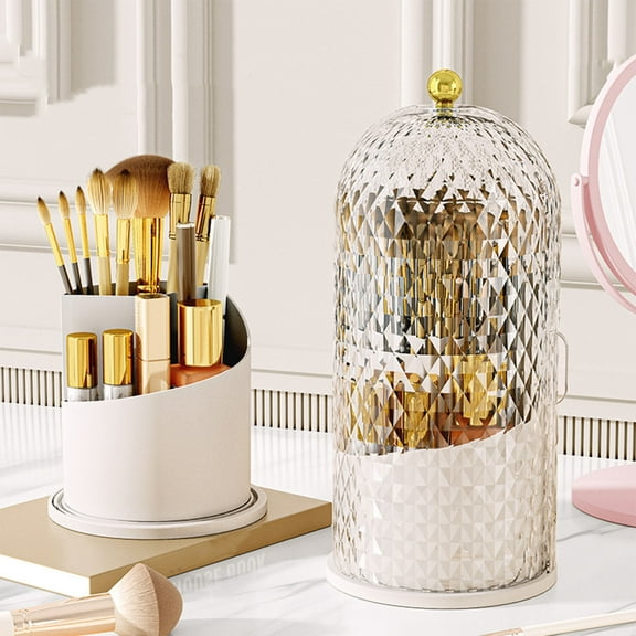 Tiitstoy 360° Rotating Makeup Brush Holder with Lid, Dustproof Concealed Desk Organizer for Vanity and Bathroom Countertop